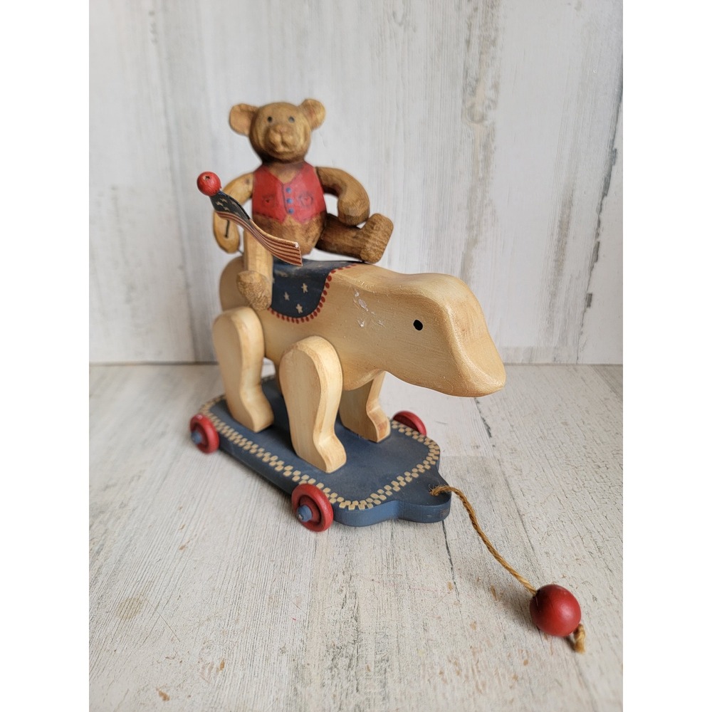 Wooden pull Teddy USA American flag bear vintage mini July 4th home decor